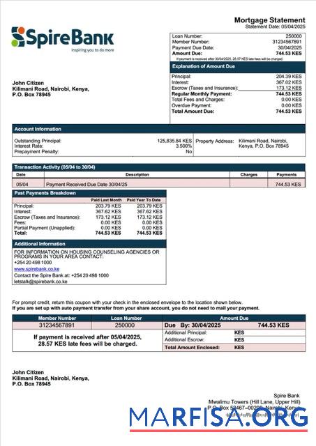 Blank Kenya Spire Bank mortgage statement Word and PDF template
